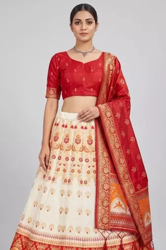 Cream Readymade Silk Blend Banarasi Lehenga Choli Set with Dupatta