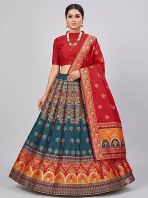 Teal Blue Readymade Silk Blend Banarasi Lehenga Choli Set with Dupatta 1