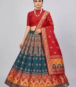 Teal Blue Readymade Silk Blend Banarasi Lehenga Choli Set with Dupatta