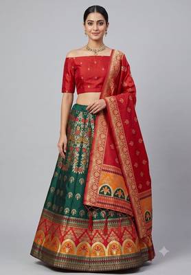 Green Readymade Silk Blend Banarasi Lehenga Choli Set with Dupatta 1