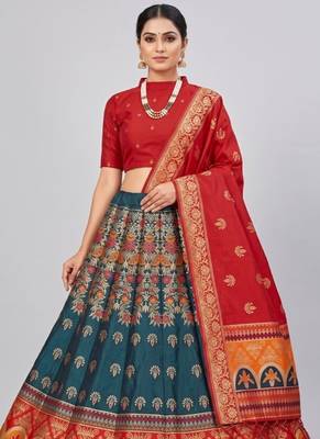 Teal Blue Readymade Silk Blend Banarasi Lehenga Choli Set with Dupatta 2