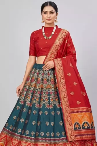 Teal Blue Readymade Silk Blend Banarasi Lehenga Choli Set with Dupatta