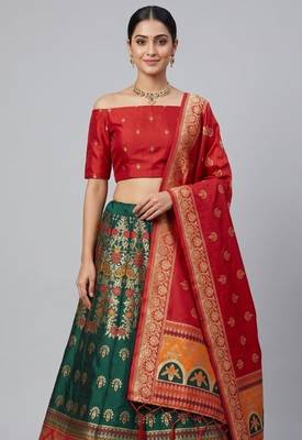 Green Readymade Silk Blend Banarasi Lehenga Choli Set with Dupatta 2