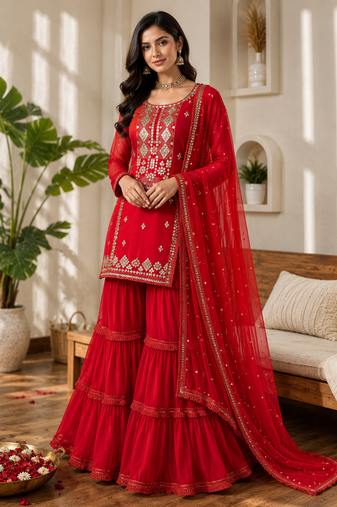 Red faux georgette sharara suit set with sequins work dupatta