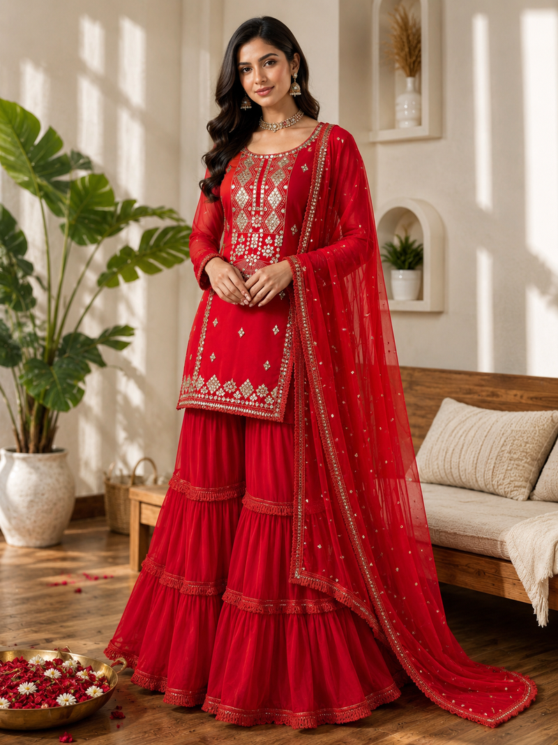 Red faux georgette sharara suit set with sequins work dupatta
