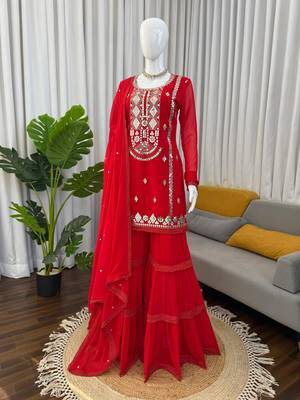 Red faux georgette sharara suit set with sequins work dupatta 2