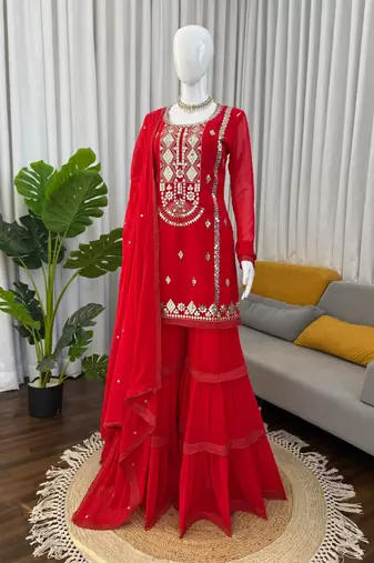 Red faux georgette sharara suit set with sequins work dupatta