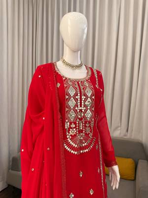 Red faux georgette sharara suit set with sequins work dupatta 3