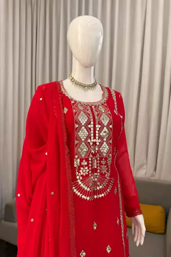 Red faux georgette sharara suit set with sequins work dupatta