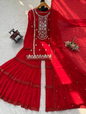 Red faux georgette sharara suit set with sequins work dupatta 4