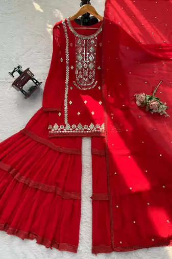 Red faux georgette sharara suit set with sequins work dupatta