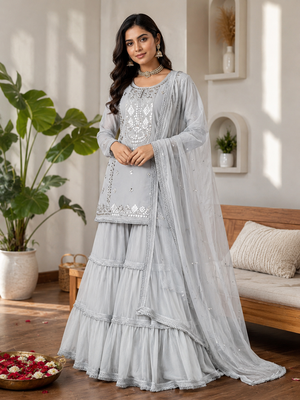 Grey faux georgette sharara suit set with sequins work dupatta 1