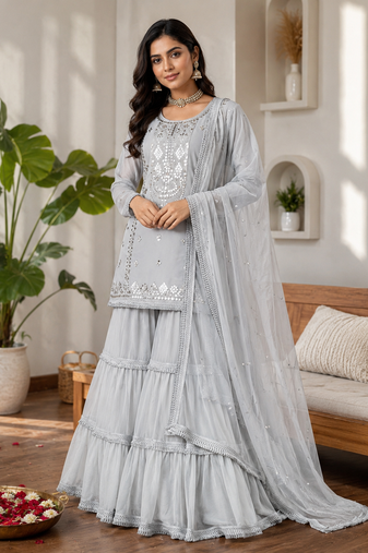 Grey faux georgette sharara suit set with sequins work dupatta