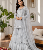 Grey faux georgette sharara suit set with sequins work dupatta
