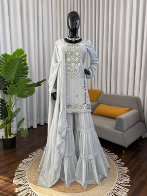 Grey faux georgette sharara suit set with sequins work dupatta 2