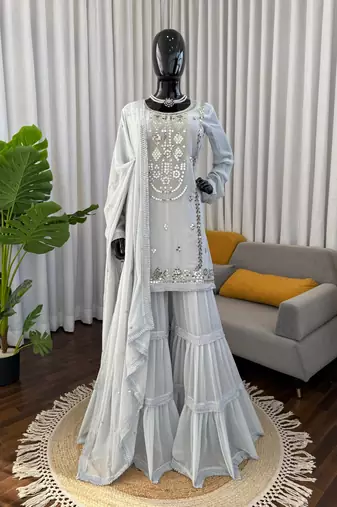 Grey faux georgette sharara suit set with sequins work dupatta