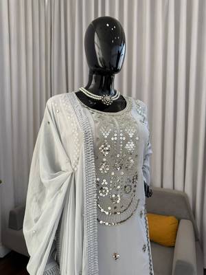 Grey faux georgette sharara suit set with sequins work dupatta 3