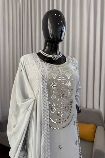 Grey faux georgette sharara suit set with sequins work dupatta