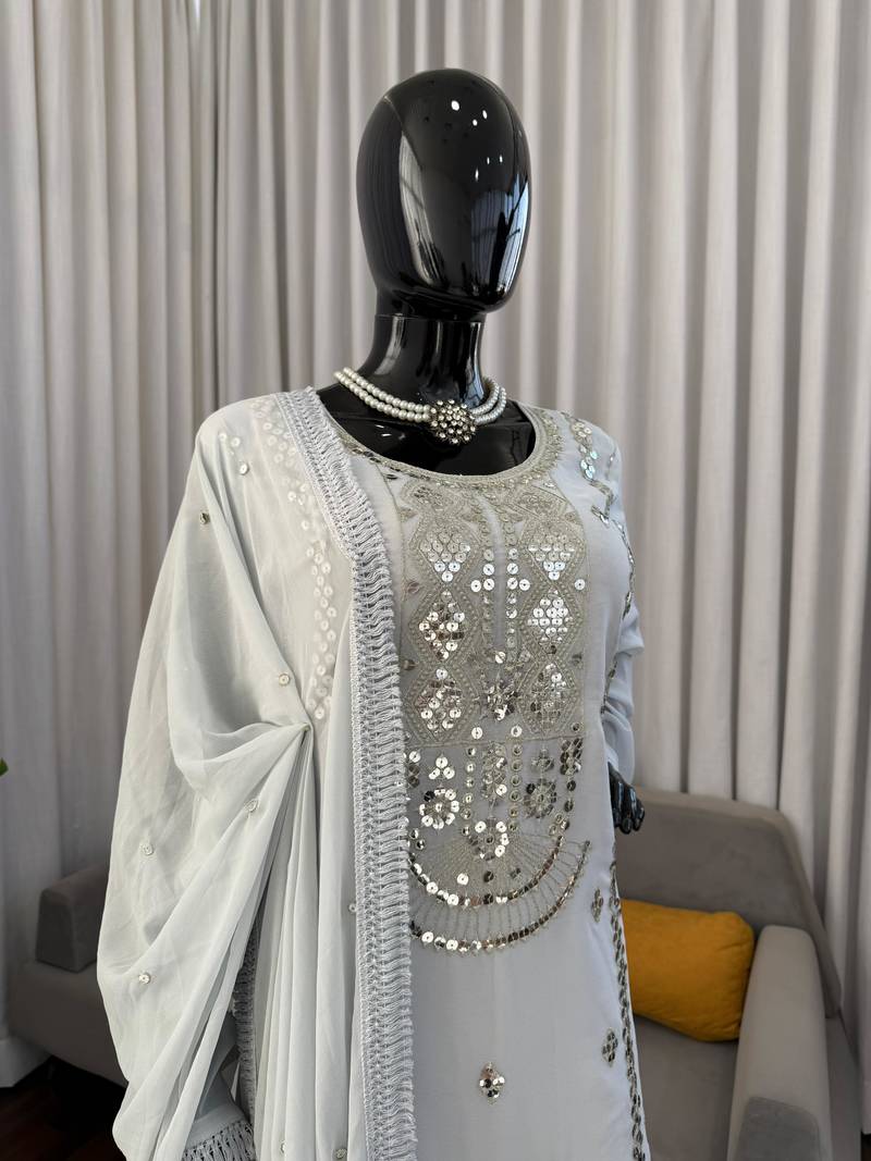 Grey faux georgette sharara suit set with sequins work dupatta