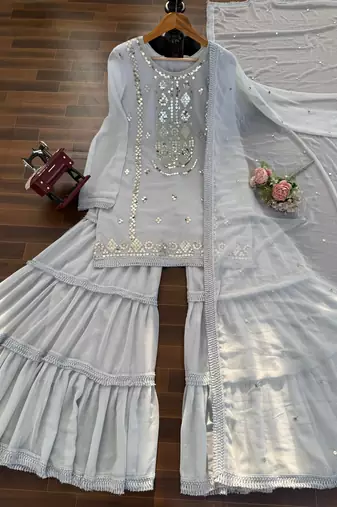 Grey faux georgette sharara suit set with sequins work dupatta