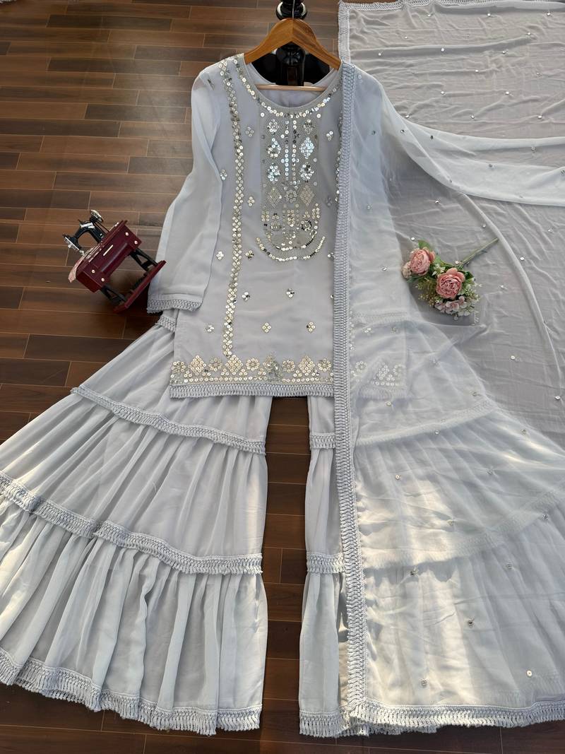 Grey faux georgette sharara suit set with sequins work dupatta