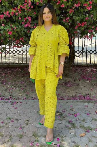 Lime cotton embroidered co-ord set with matching pants