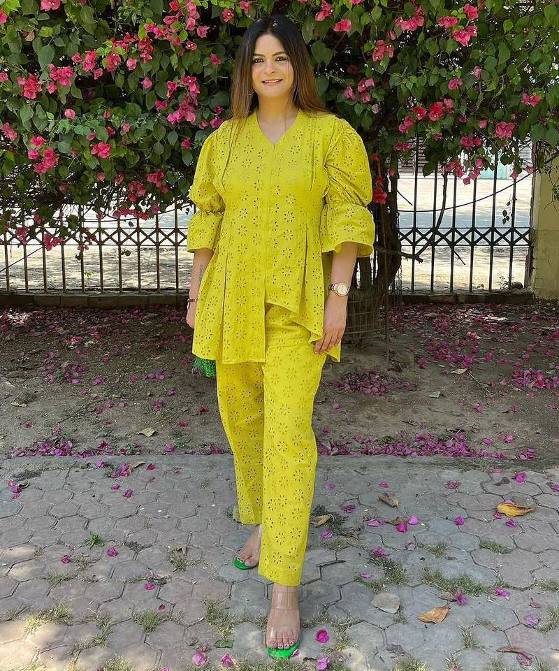 Lime cotton embroidered co-ord set with matching pants