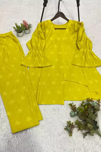 Lime cotton embroidered co-ord set with matching pants
