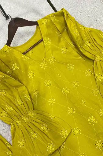 Lime cotton embroidered co-ord set with matching pants