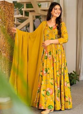 Mustard rayon digital print anarkali gown with georgette dupatta 1