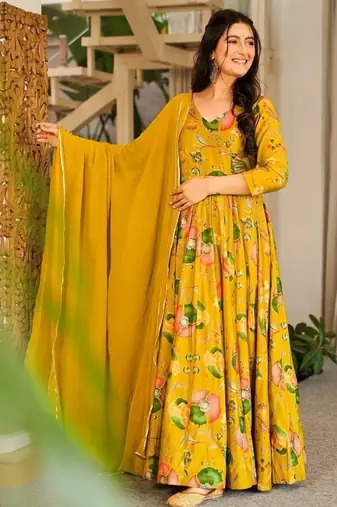 Mustard rayon digital print anarkali gown with georgette dupatta