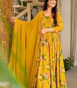 Mustard rayon digital print anarkali gown with georgette dupatta