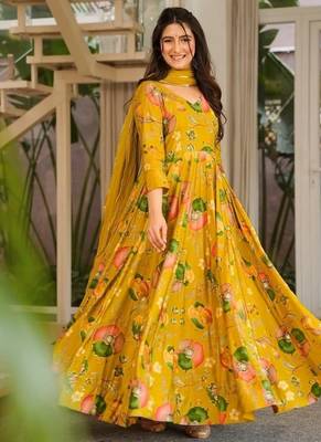 Mustard rayon digital print anarkali gown with georgette dupatta 2