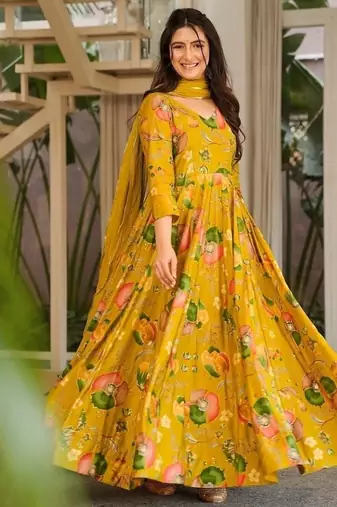 Mustard rayon digital print anarkali gown with georgette dupatta