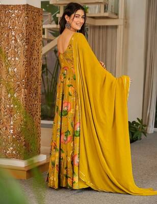 Mustard rayon digital print anarkali gown with georgette dupatta 3