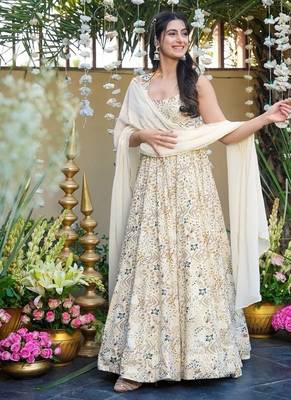 Ivory rayon digital print anarkali gown with georgette dupatta 1