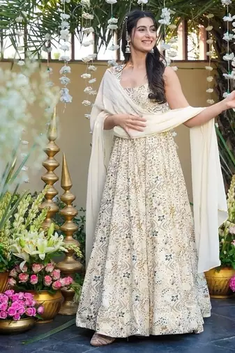 Ivory rayon digital print anarkali gown with georgette dupatta