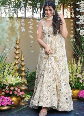 Ivory rayon digital print anarkali gown with georgette dupatta 2