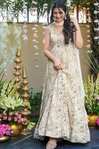 Ivory rayon digital print anarkali gown with georgette dupatta