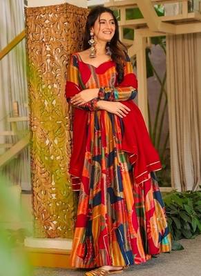 Red rayon digital print anarkali gown with georgette dupatta 1
