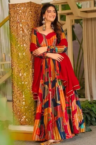 Red rayon digital print anarkali gown with georgette dupatta
