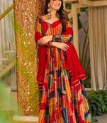 Red rayon digital print anarkali gown with georgette dupatta