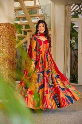 Red rayon digital print anarkali gown with georgette dupatta 2