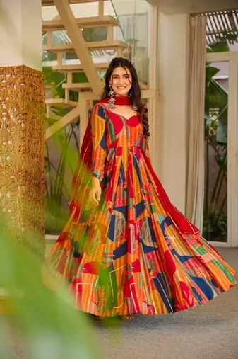 Red rayon digital print anarkali gown with georgette dupatta