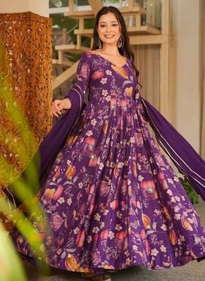 Purple rayon digital print anarkali gown with georgette dupatta 1