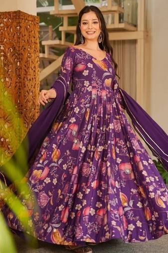 Purple rayon digital print anarkali gown with georgette dupatta