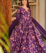 Purple rayon digital print anarkali gown with georgette dupatta