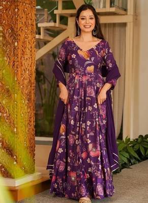 Purple rayon digital print anarkali gown with georgette dupatta 2