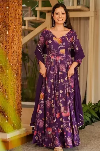 Purple rayon digital print anarkali gown with georgette dupatta