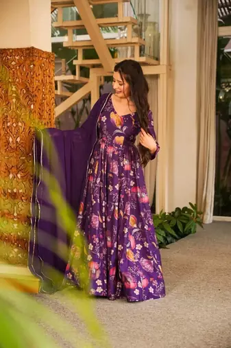 Purple rayon digital print anarkali gown with georgette dupatta